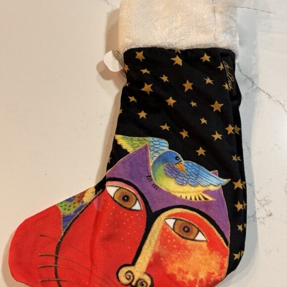 Laurel Burch Dear Santa Christmas Holiday Stocking Abstract Faces Of Cats NWT - Picture 1 of 6
